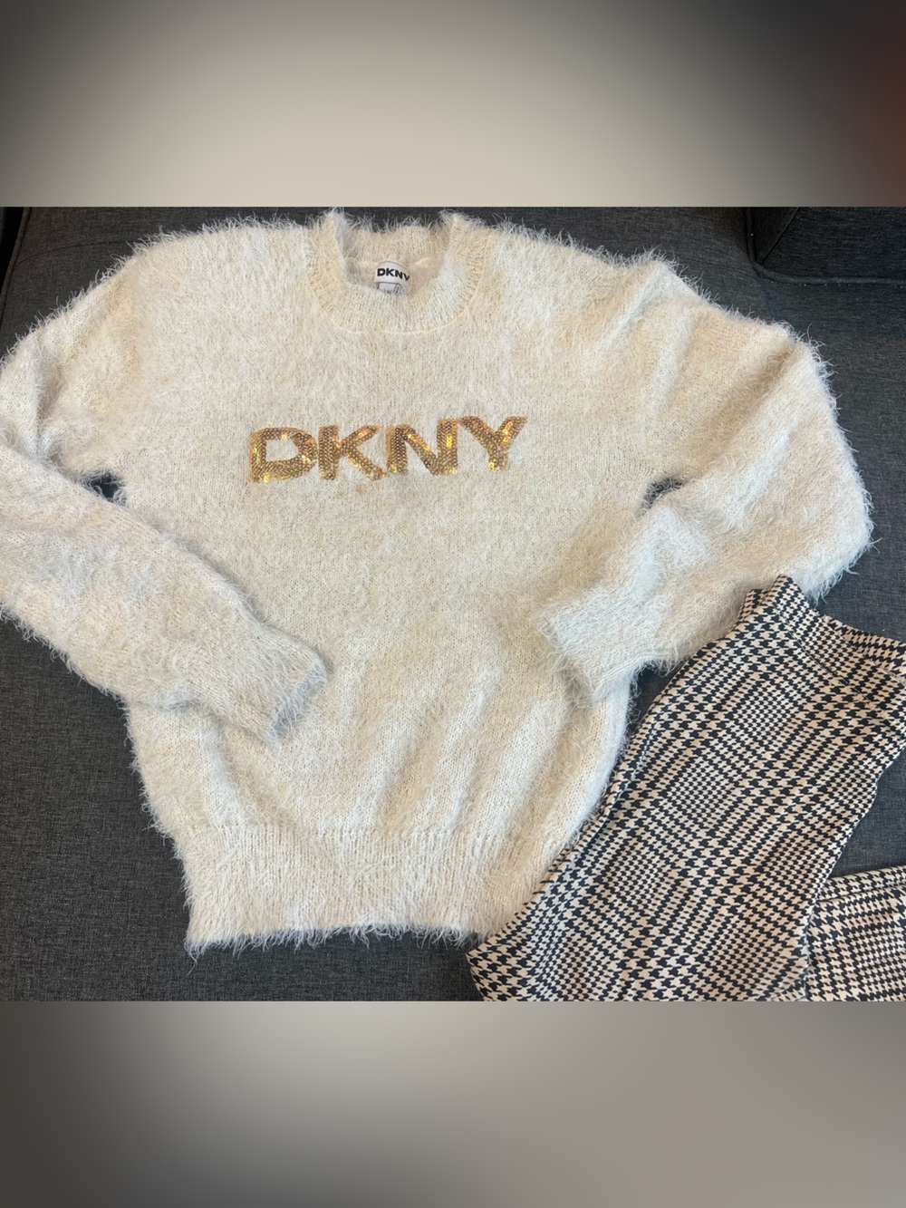 DKNY Cream Fuzzy Crewneck Sweater with Gold Logo